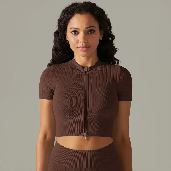Alo Ribbed Zip-Front Cropped Top Brown Activewear Set - 1