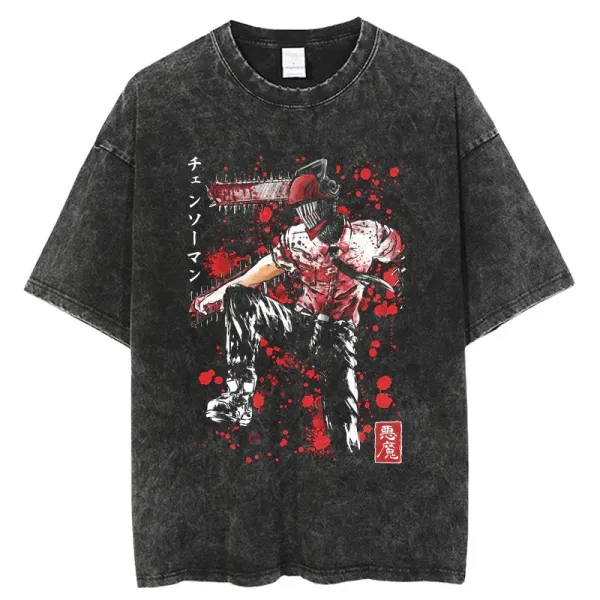 Design Chainsaw Man Acid Wash Black T-Shirt - 1
