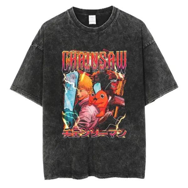 Design Chainsaw Man Graphic Print Acid Wash Black T-Shirt T-Shirts - 1