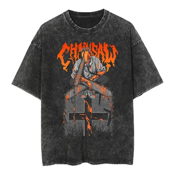 Design Chainsaw Graphic Acid Wash T-Shirt - 1