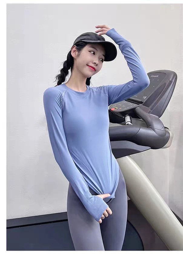 Design Long Sleeve Base-Layer Top in Periwinkle Blue with Ribbed Cuffs Activewear - 17