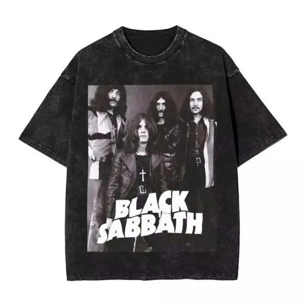 Design Black Sabbath Band Photo Print Acid Wash Black T-Shirt T-Shirts - 1