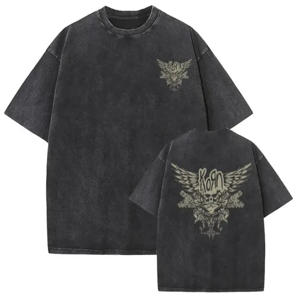 Design Korn Winged Skull Washed Black T-Shirt T-Shirts - 1