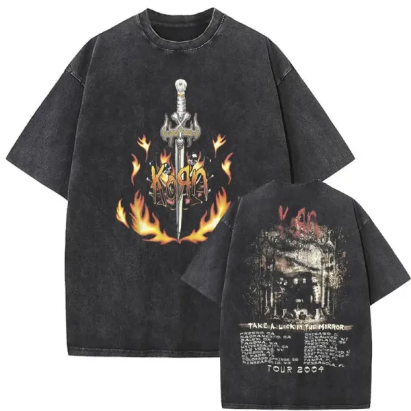 Design Korn Tour 2004 Sword & Flames Graphic T-Shirt Black T-Shirts - 1
