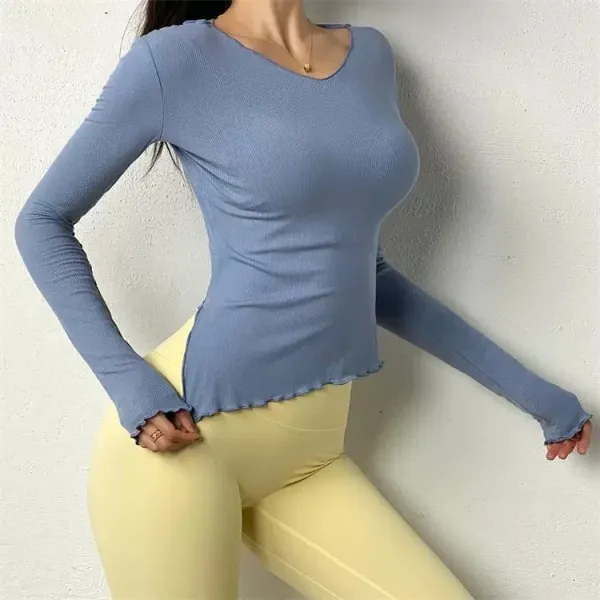 Design Ribbed Long Sleeve Crop Top in Dusty Blue with Scalloped Hem - 1