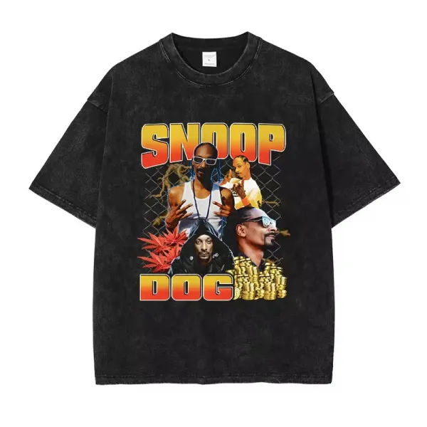 Design Snoop Dogg Graphic Print Acid Wash Black T-Shirt T-Shirts - 1