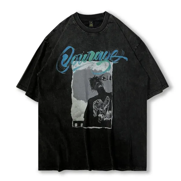 Design Garbage Graphic Print Acid Wash Black T-Shirt - 1