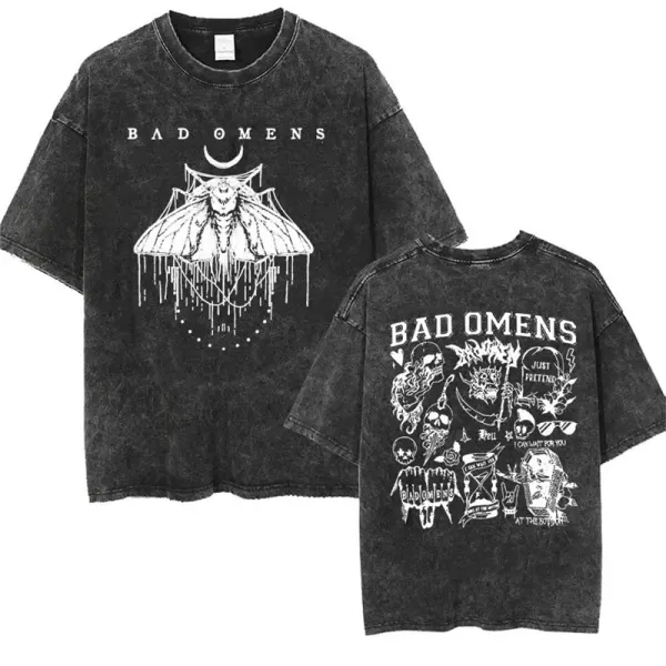 Design Bad Omens Graphic Print Acid Wash T-Shirt Black T-Shirts - 1