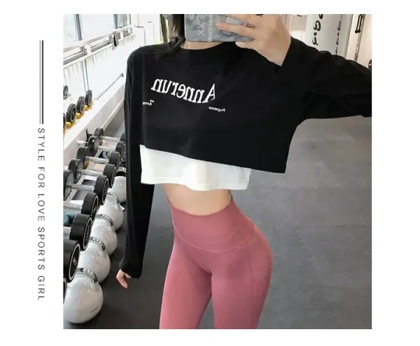 Alo Yoga Cropped Long-Sleeve Top Black / White with Pink Leggings Activewear - 25