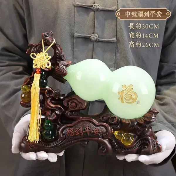 Design Jade Gourd Ornament with Wooden Base 'Fu Dao Ping An' Decorative Sculpture Accessories - 1
