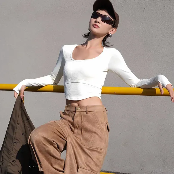 Design Cropped Long-Sleeve Ribbed Top White + Corduroy Wide-Leg Pants Brown - 1