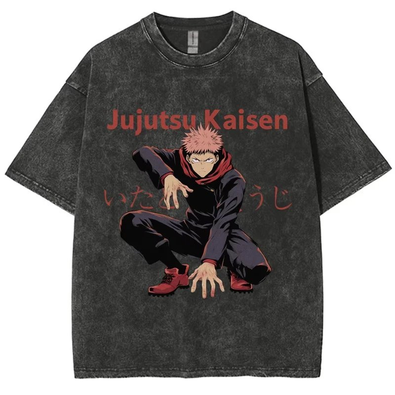 Design Jujutsu Kaisen Yuji Itadori Graphic Print Acid Wash T-Shirt T-Shirts