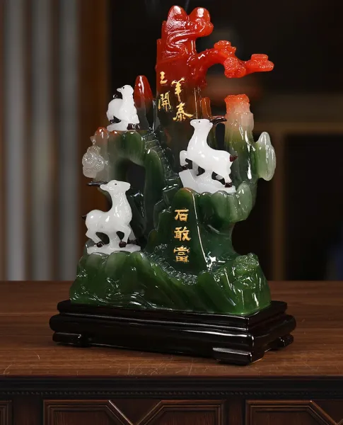 Design Three Deer Jade Mountain Sculpture with Auspicious Inscriptions Decorative Figurine Accessories - 5