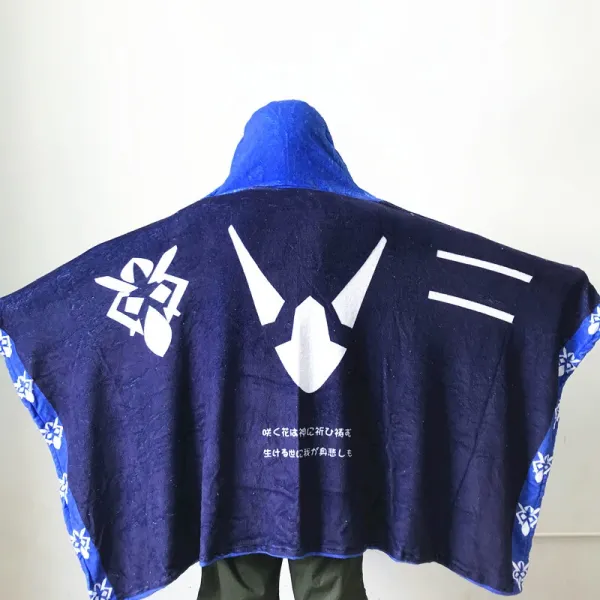 Design Hooded Towel Cape Navy Blue with Japanese Text and Geometric Print Hoodie - 10