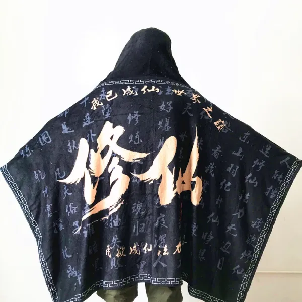 Design Hooded Towel Cape Navy Blue with Japanese Text and Geometric Print Hoodie - 16