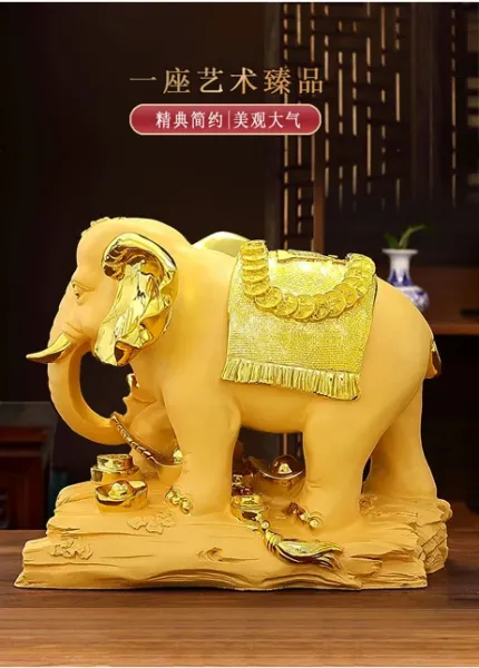 Design Wood Carved Elephant Ornament with Ancient Coins and Auspicious Inscription Decorative Sculpture Accessories - 9