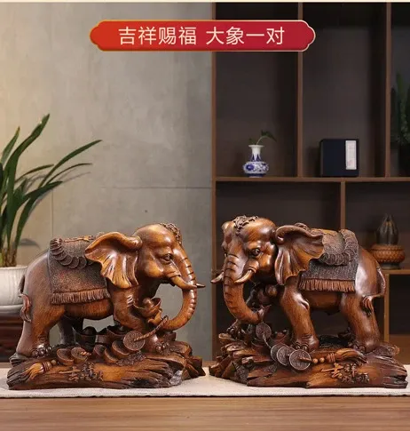 Design Wood Carved Elephant Ornament with Ancient Coins and Auspicious Inscription Decorative Sculpture Accessories - 11