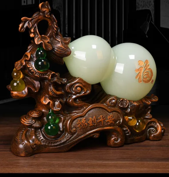 Design Jade Gourd Ornament with Wooden Base and Chinese Knot Tassel Accessories - 7