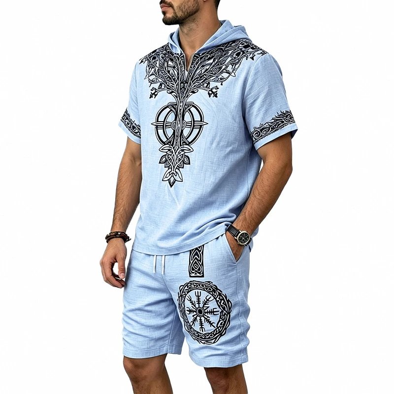 Men's Bamboo Linen Viking Print Hoodie and Shorts Set photo 2
