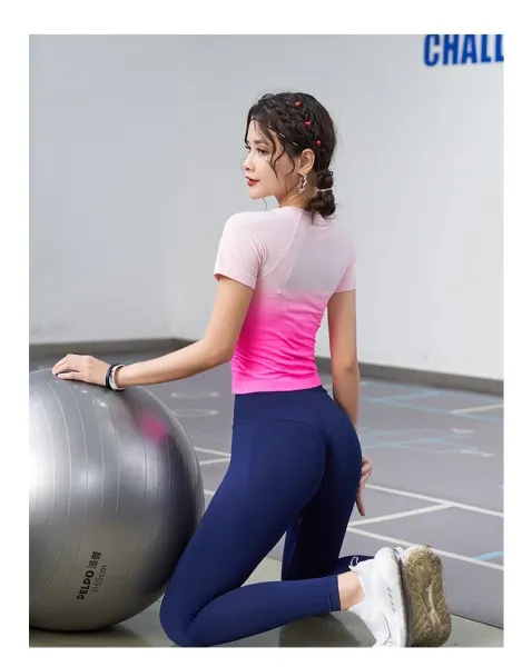 Design Gradient Ombre Crop Top Pink-to-White + Navy High-Waisted Leggings Set Activewear - 22