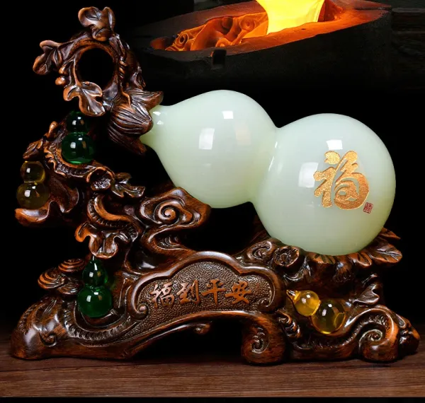 Design Jade Gourd Ornament with Wooden Base and Chinese Knot Tassel Accessories - 9