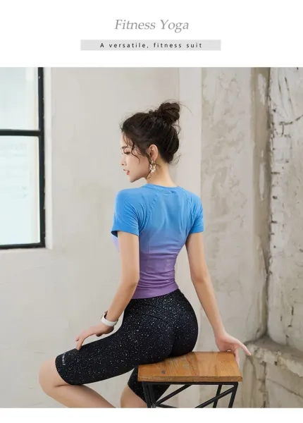 Design Gradient Ombre Crop Top Pink-to-White + Navy High-Waisted Leggings Set Activewear - 16