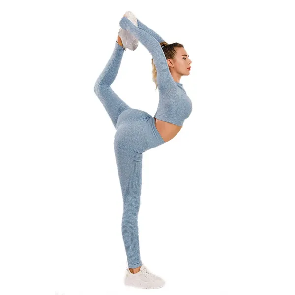 Design Mint Green Textured Long-Sleeve Cropped Top and High-Waisted Leggings Set - 4