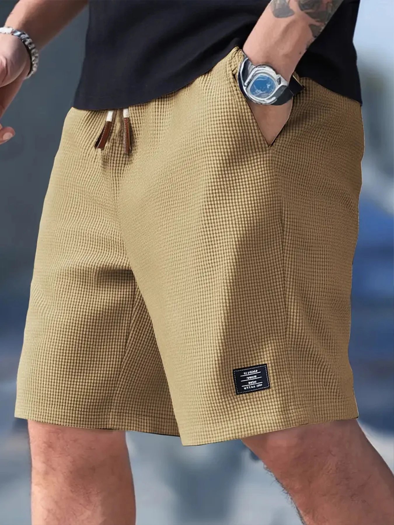 Design Waffle Texture Drawstring Shorts Olive Green Shorts - 15