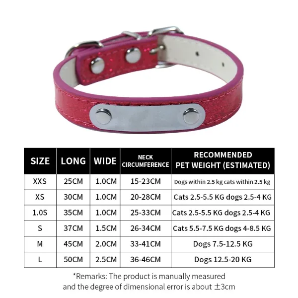 Design Glitter Pink Leather Pet Collar with Engraved Plate Accessories - 1