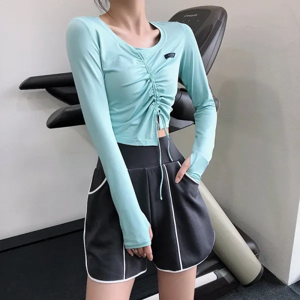 Design Ruched Long Sleeve Crop Top in Mint Green with Drawstring Detail Activewear - 1