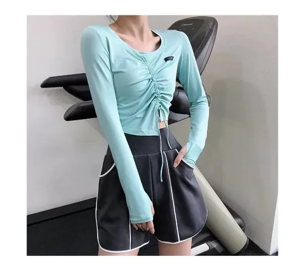 Design Long Sleeve Ruched Crop Top White Activewear - 10