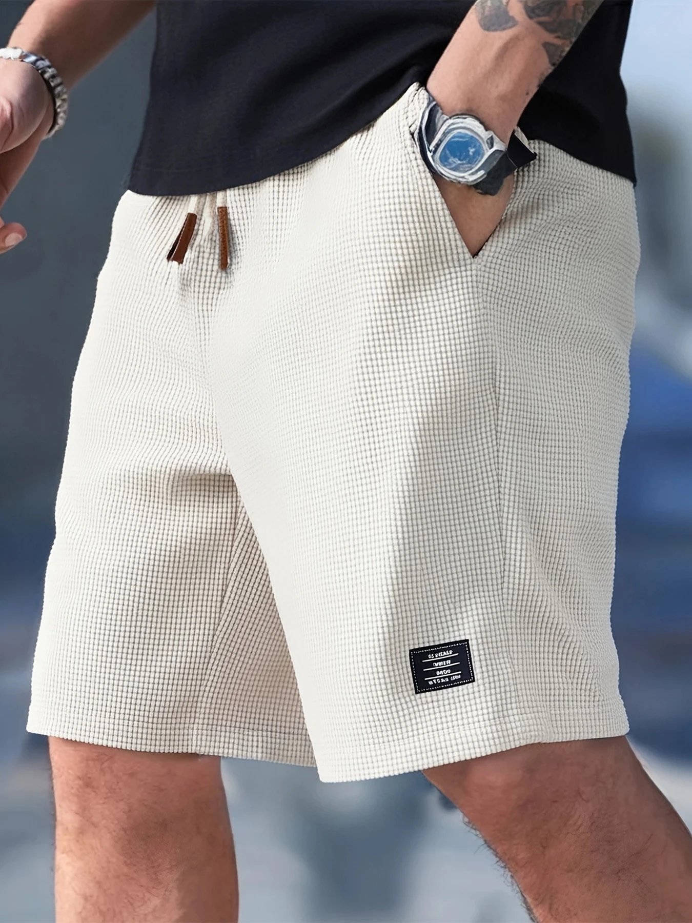 Design Waffle Texture Drawstring Shorts Olive Green Shorts - 2