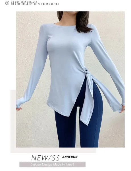 Design Side-Tie Long Sleeve Top in Light Blue with Navy Leggings Activewear - 10