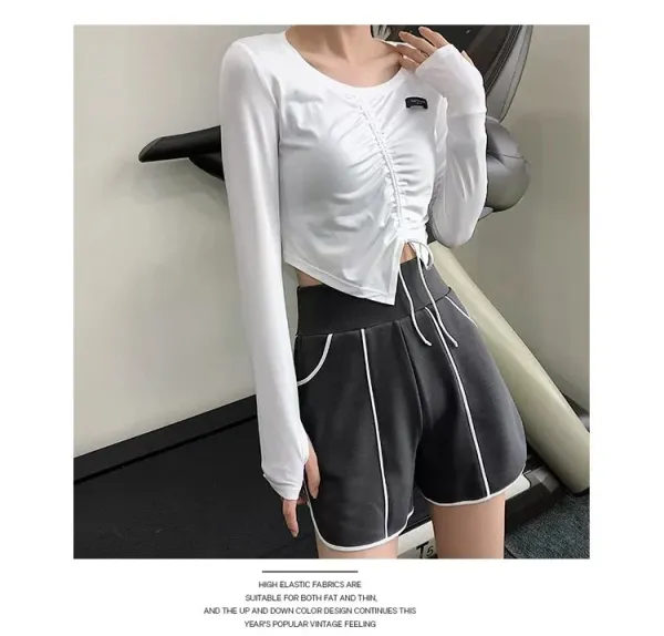 Design Long Sleeve Ruched Crop Top White Activewear - 22