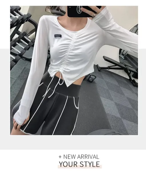 Design Long Sleeve Ruched Crop Top White Activewear - 24