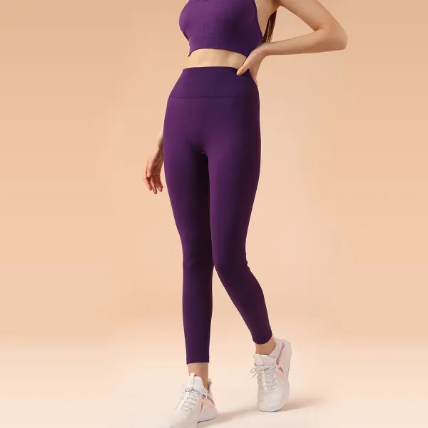 Design High-Waisted Seamless Purple Leggings and Crop Top Set - 1