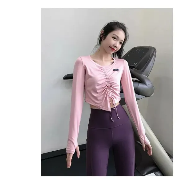 Design Long Sleeve Ruched Crop Top White Activewear - 19
