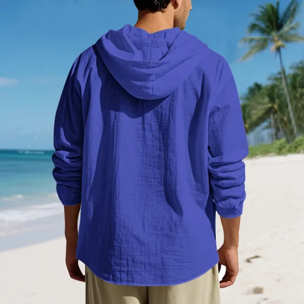 Design Hooded Linen Shirt Brown Men's Beachwear - 15