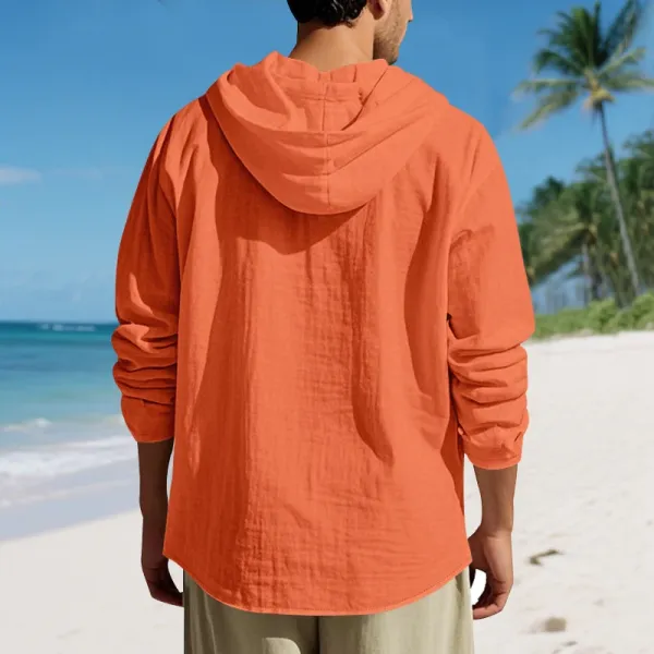 Design Hooded Linen Shirt Brown Men's Beachwear - 49