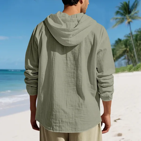 Design Hooded Linen Shirt Brown Men's Beachwear - 56