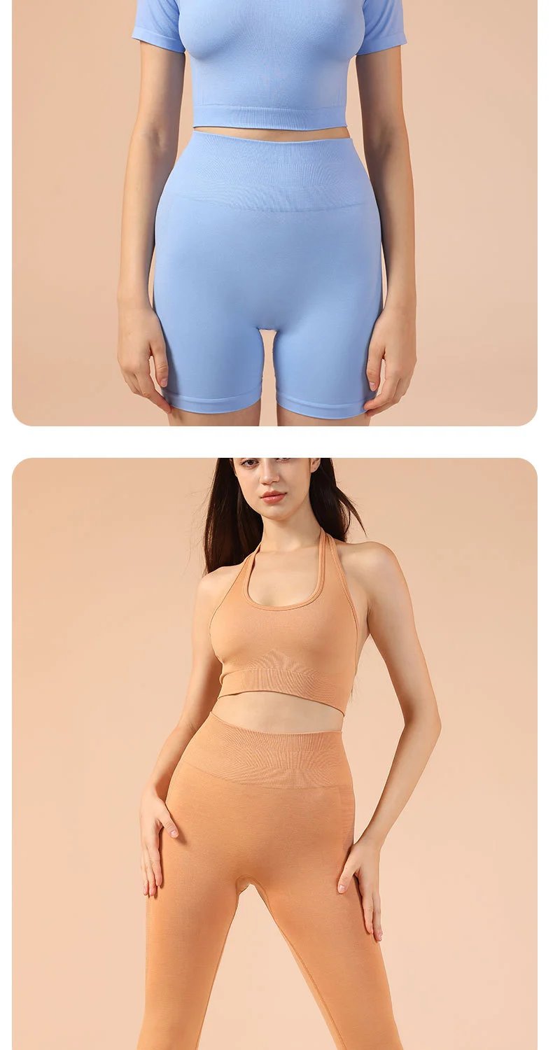 Design Purple Ribbed Halter Crop Top and High-Waisted Bike Shorts Set Activewear - 7