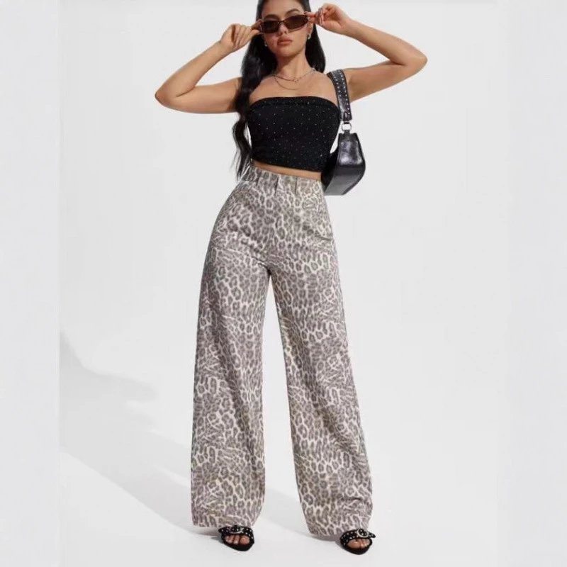 Leopard Print Wide-Leg Pants with Black Sparkle Crop Top