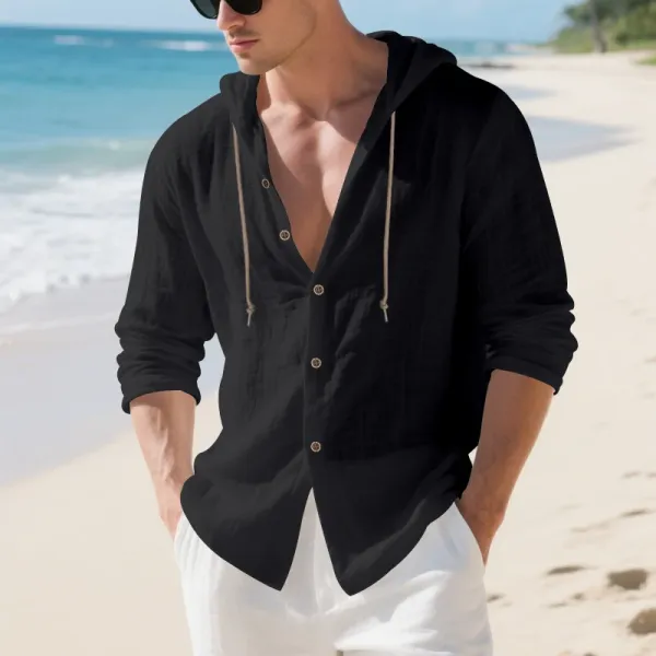 Design Hooded Linen Shirt Brown Men's Beachwear - 83