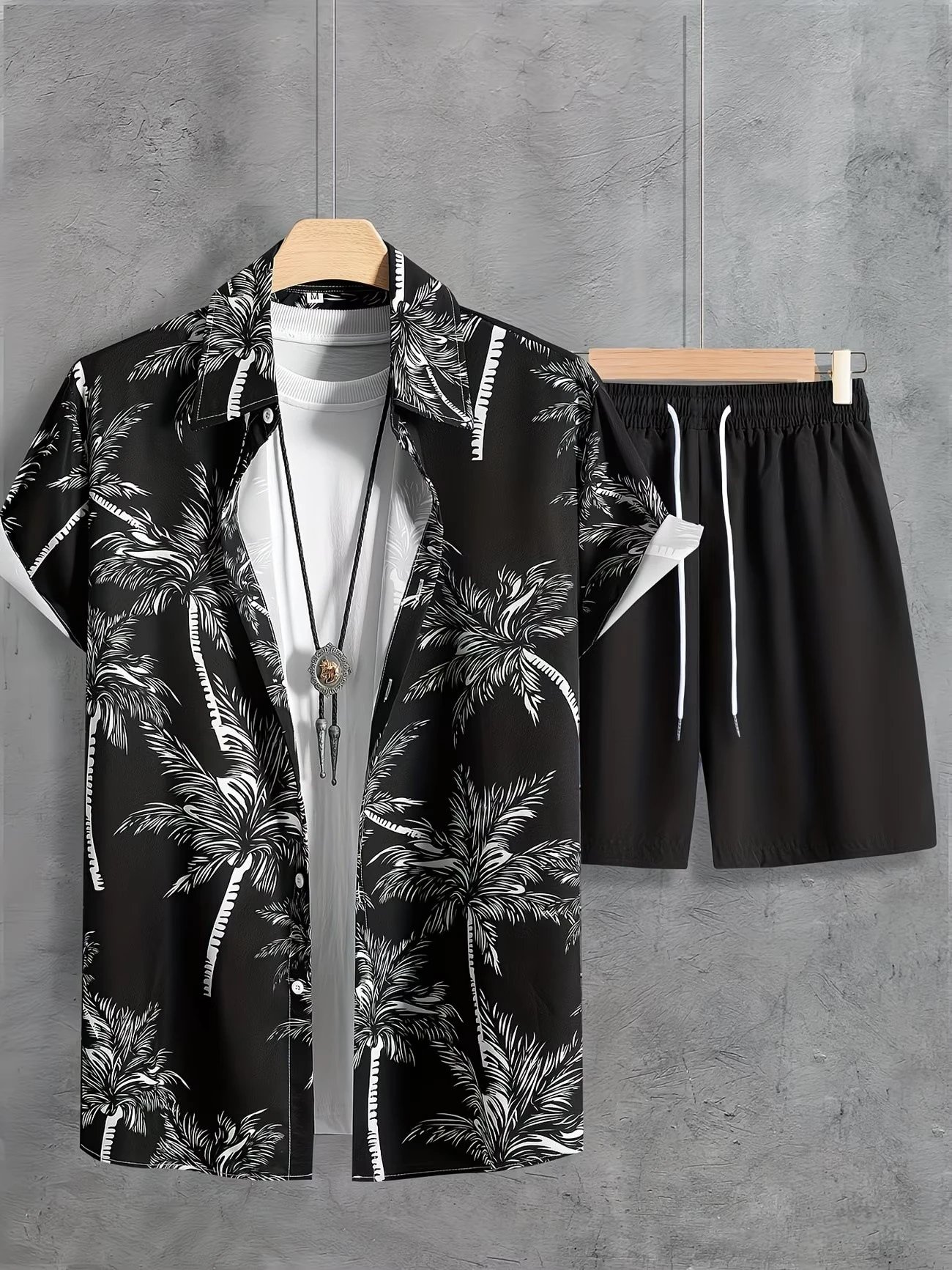 Design Tropical Print Button-Up Shirt and Lime Green Shorts Set - 4