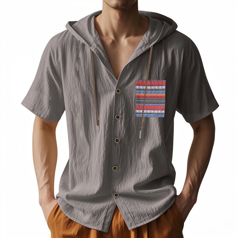 Design Hooded Button-Up Shirt Olive Green with Tribal Pocket Tops - 16