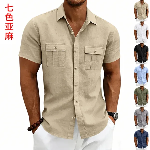 Design Short-Sleeve Linen Shirt Navy Blue Tops Shirt - 2