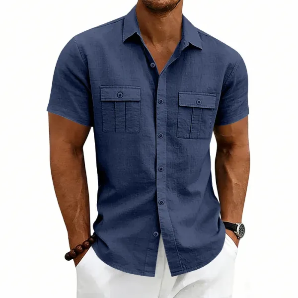 Design Short-Sleeve Linen Shirt Navy Blue Tops Shirt - 6