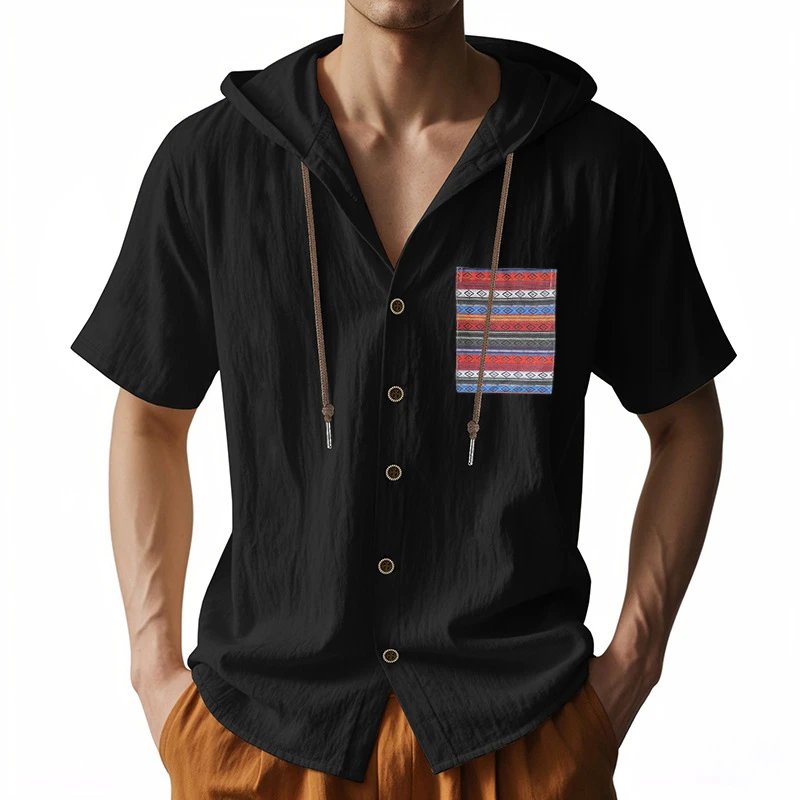 Design Hooded Button-Up Shirt Olive Green with Tribal Pocket Tops - 56