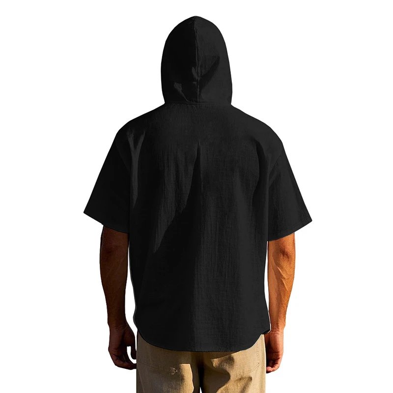 Design Hooded Button-Up Shirt Olive Green with Tribal Pocket Tops - 60