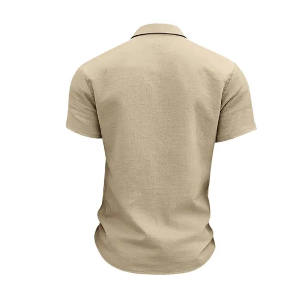 Design Short-Sleeve Linen Shirt Navy Blue Tops Shirt - 19